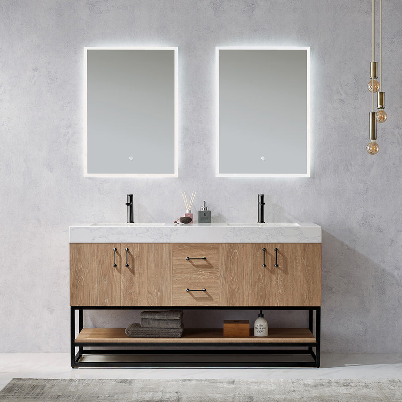 Alistair 60B" Double Vanity Oak with White Grain Stone Countertop