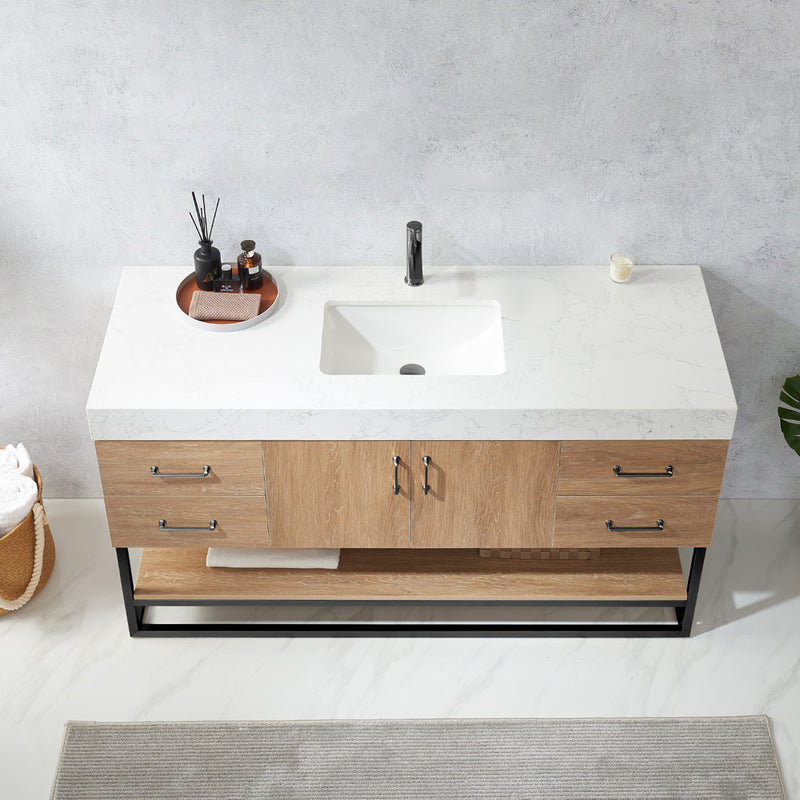 Alistair 60BS" Single Sink Bath Vanity Oak with White Grain Stone Countertop