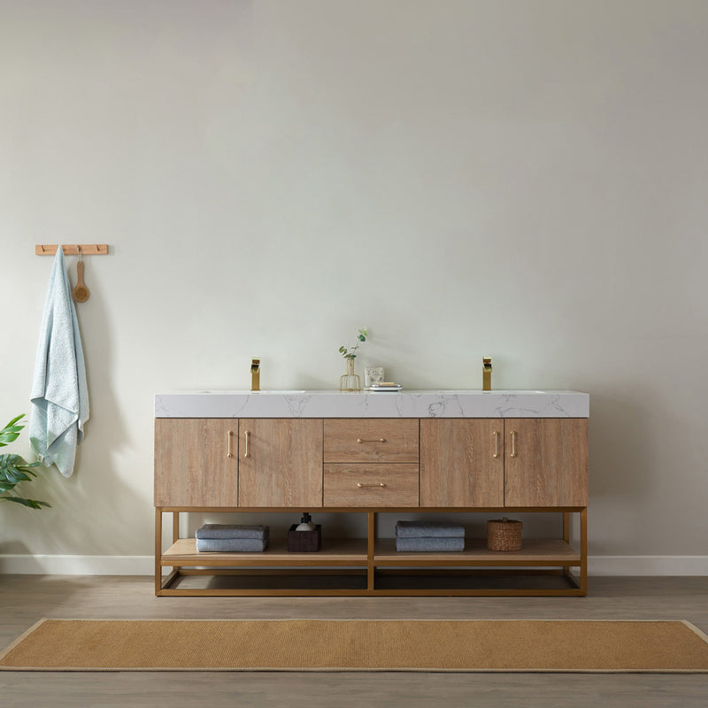 Alistair 72" Double Vanity Oak with White Grain Stone Countertop