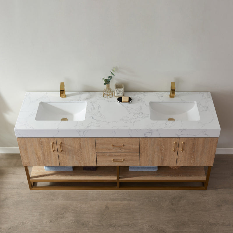 Alistair 72" Double Vanity Oak with White Grain Stone Countertop