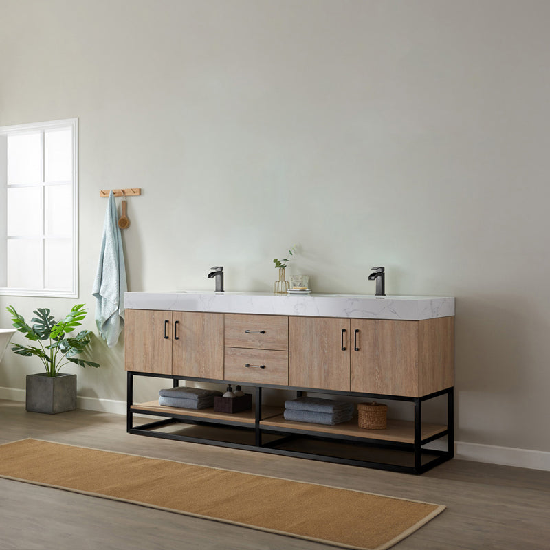 Alistair 72B" Double Vanity Oak with White Grain Stone Countertop