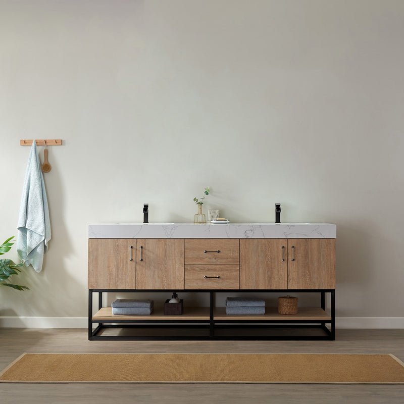 Alistair 72B" Double Vanity Oak with White Grain Stone Countertop