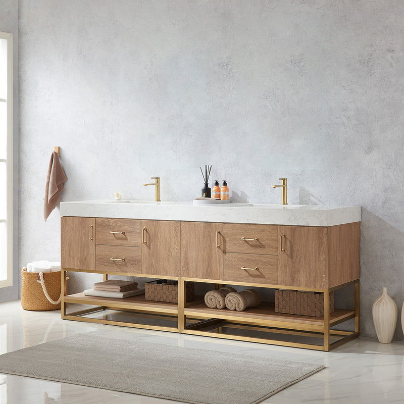 Alistair 84" Double Sink Bath Vanity Oak with White Grain Stone Countertop