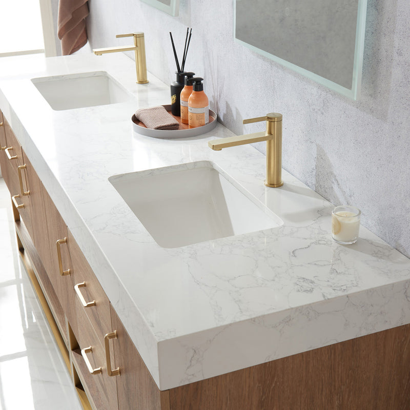 Alistair 84" Double Sink Bath Vanity Oak with White Grain Stone Countertop