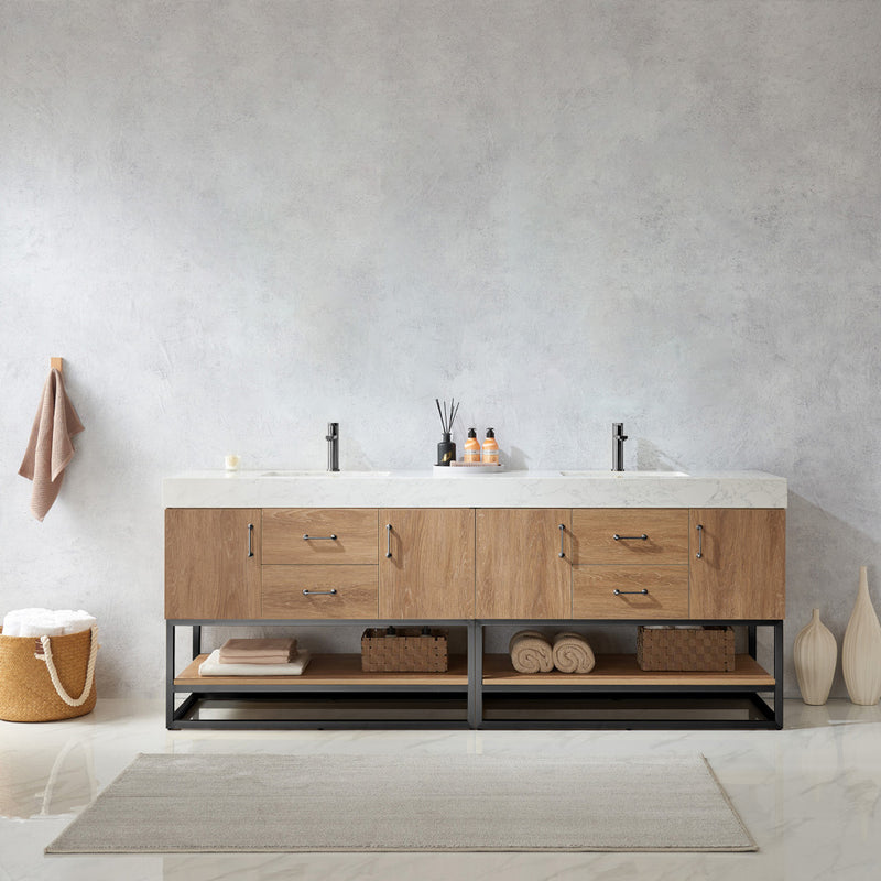 Alistair 84B" Double Sink Bath Vanity Oak with White Grain Stone Countertop