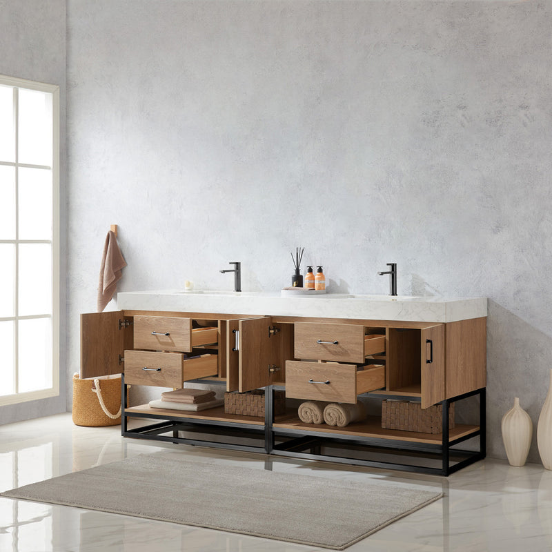 Alistair 84B" Double Sink Bath Vanity Oak with White Grain Stone Countertop