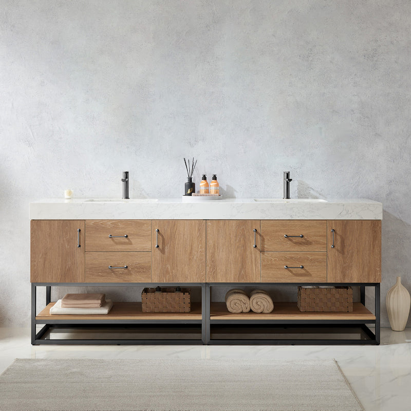 Alistair 84B" Double Sink Bath Vanity Oak with White Grain Stone Countertop