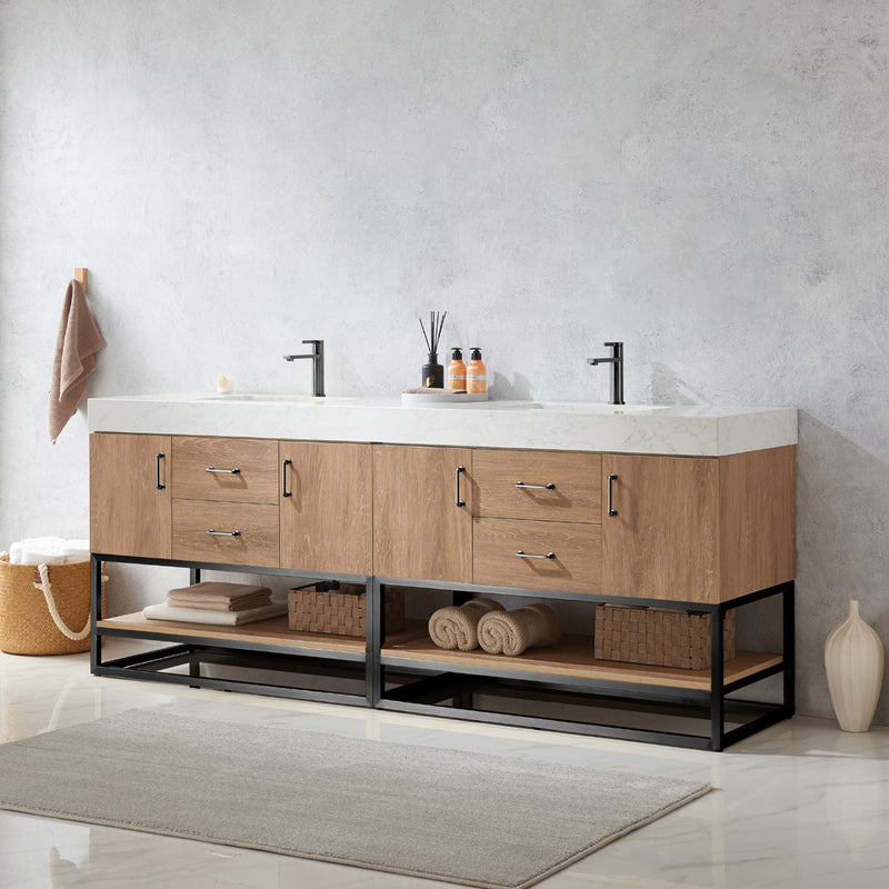 Alistair 84B" Double Sink Bath Vanity Oak with White Grain Stone Countertop