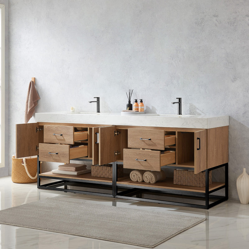 Alistair 84B" Double Sink Bath Vanity Oak with White Grain Stone Countertop