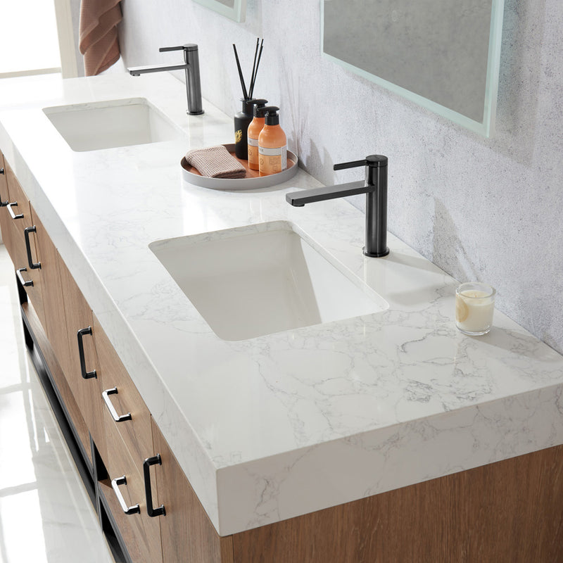 Alistair 84B" Double Sink Bath Vanity Oak with White Grain Stone Countertop