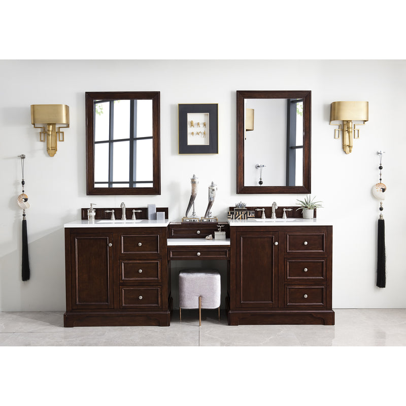 James Martin De Soto 94" Double Vanity Set Burnished Mahogany with Makeup Table 3 cm Arctic Fall Solid Surface Top 825-V94-BNM-DU-AF