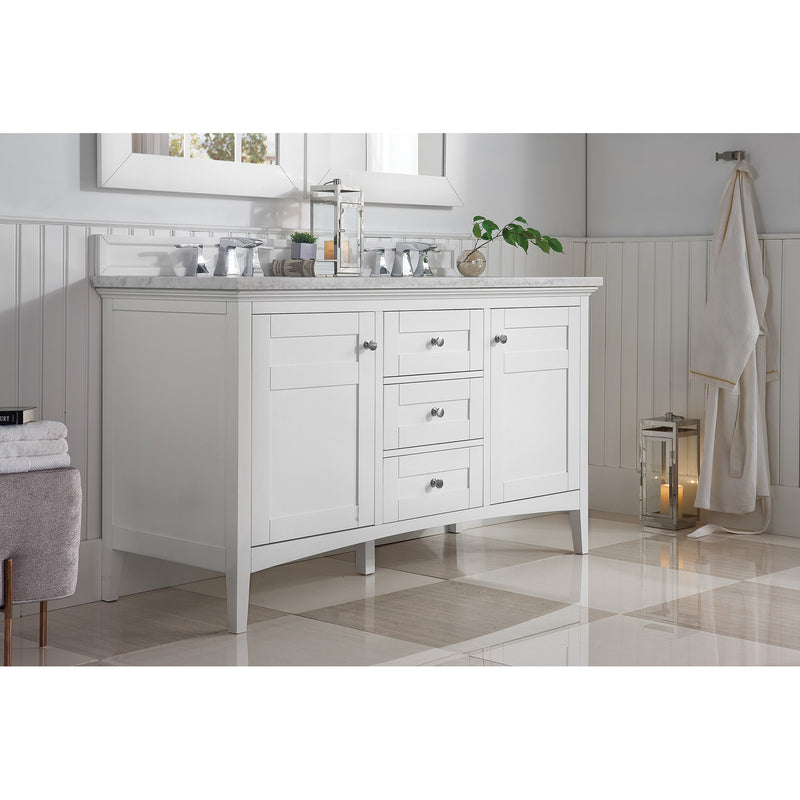 James Martin Palisades 60" Double Vanity Bright White with 3 cm Arctic Fall Solid Surface Top 527-V60D-BW-3AF