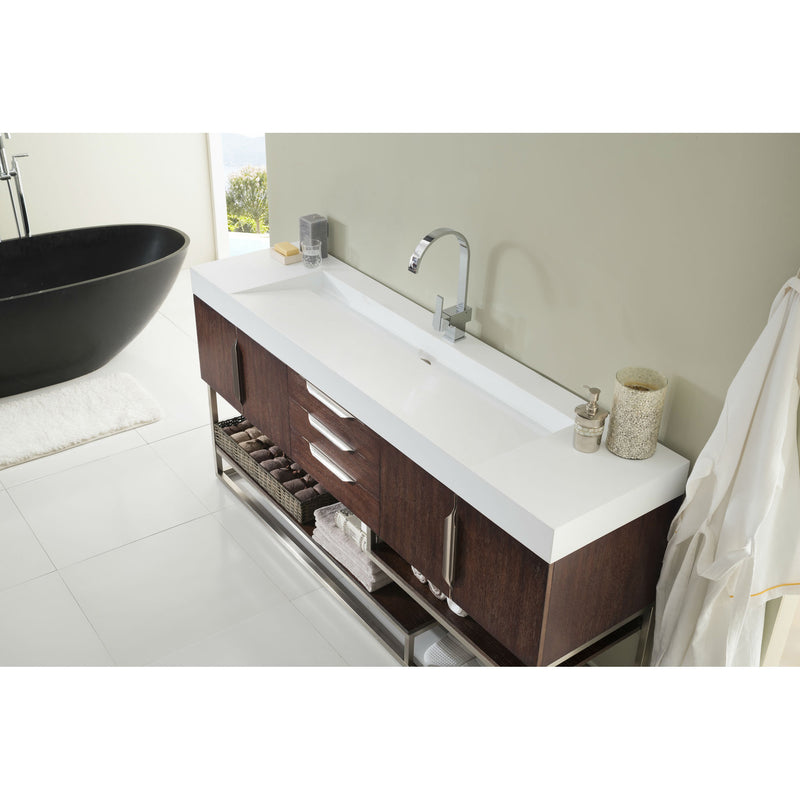 James Martin Columbia 72" Single Vanity Coffee Oak with Glossy White Composite Top 388-V72S-CFO-BN-GW