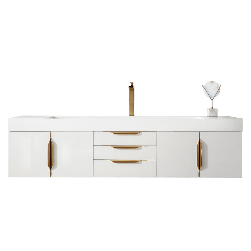 James Martin Mercer Island 72" Single Vanity Glossy White Radiant Gold with Glossy White Composite Top 389-V72S-GW-G-GW