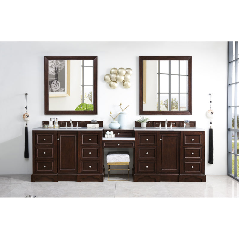 James Martin De Soto 118" Double Vanity Set Burnished Mahogany with Makeup Table 3 cm Arctic Fall Solid Surface Top 825-V118-BNM-DU-AF