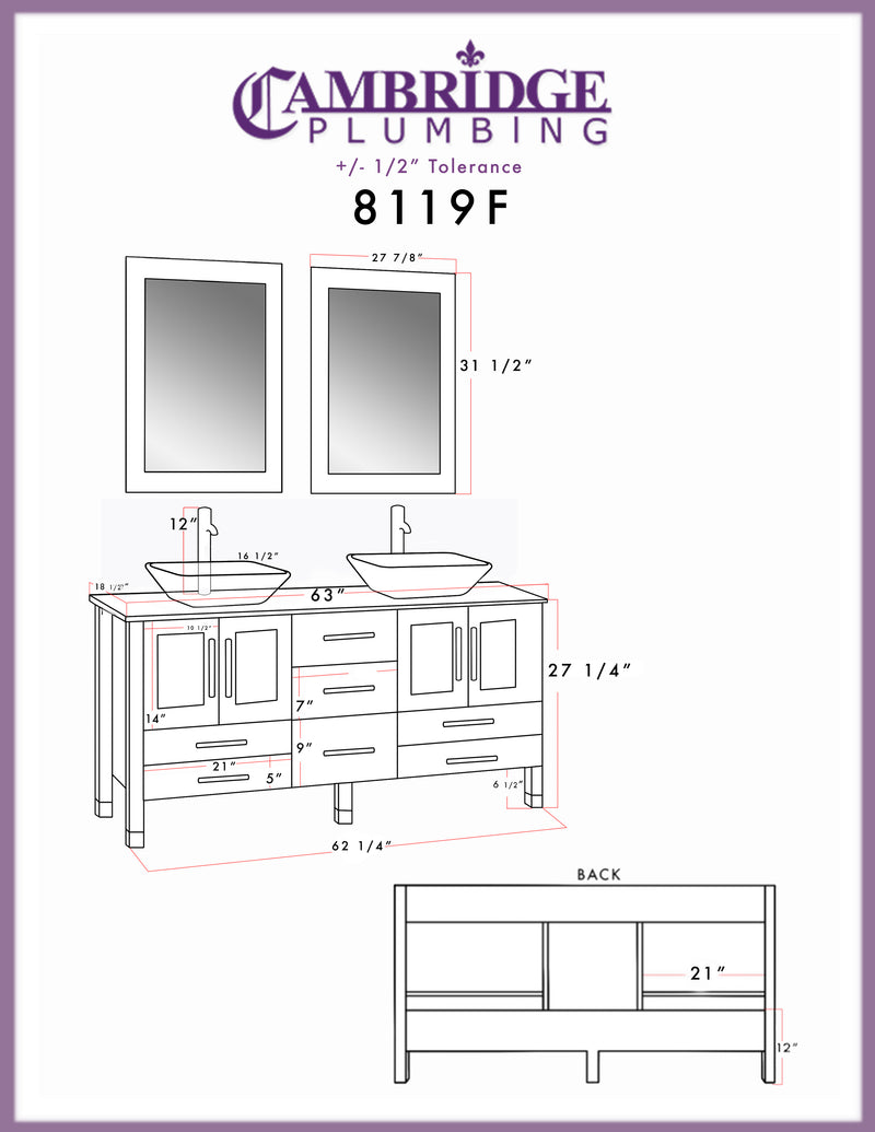 Cambridge Plumbing 63" Solid White Wood Vanity Porcelain Counter Top Matching Vessel Sink