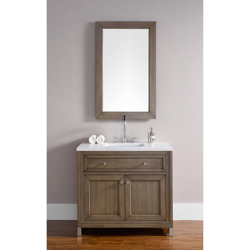 James Martin Chicago 36" Single Vanity Whitewashed Walnut with 3 cm Classic White Quartz Top 305-V36-WWW-3CLW