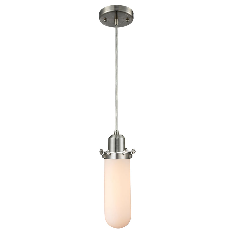 Centri Mini Pendant shown in the Brushed Satin Nickel finish with a Matte White shade