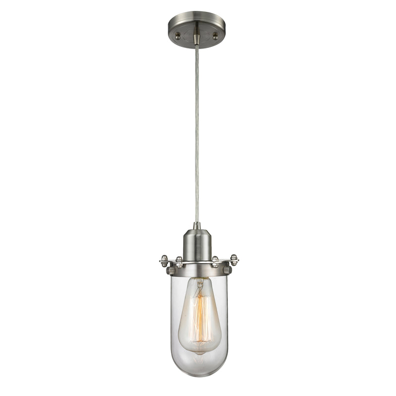 Centri Mini Pendant shown in the Brushed Satin Nickel finish with a Clear shade