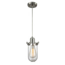 Centri Mini Pendant shown in the Brushed Satin Nickel finish with a Clear shade