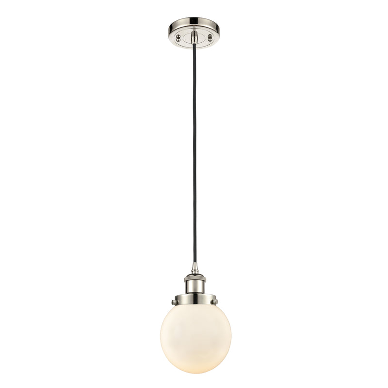 Beacon Mini Pendant shown in the Polished Nickel finish with a Matte White shade