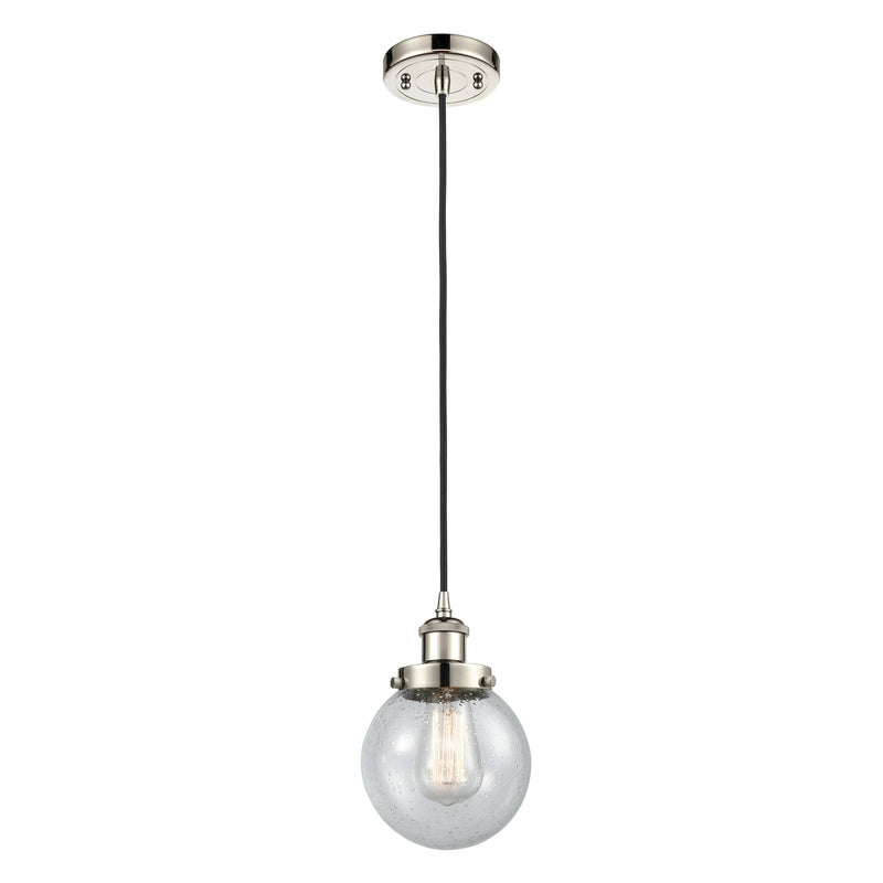 Beacon Mini Pendant shown in the Polished Nickel finish with a Seedy shade