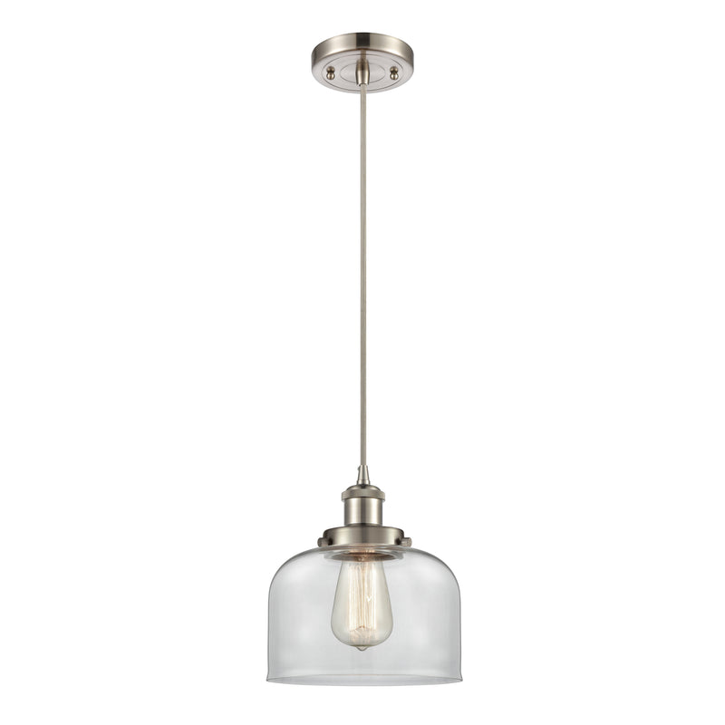 Bell Mini Pendant shown in the Brushed Satin Nickel finish with a Clear shade