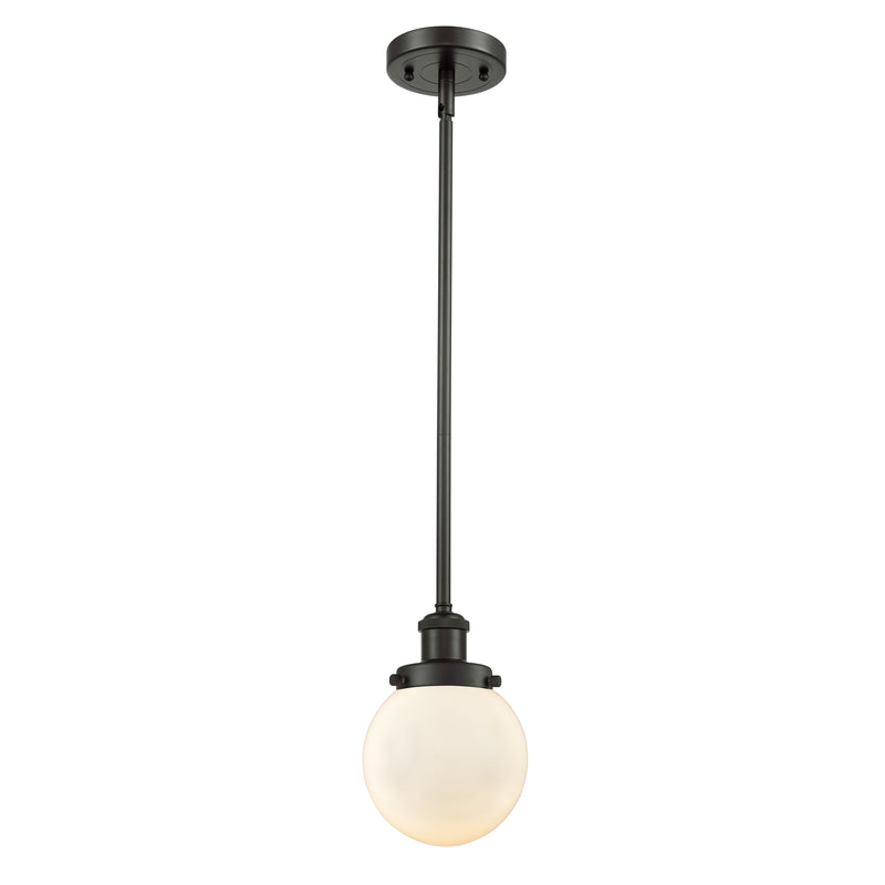 Beacon Mini Pendant shown in the Oil Rubbed Bronze finish with a Matte White shade