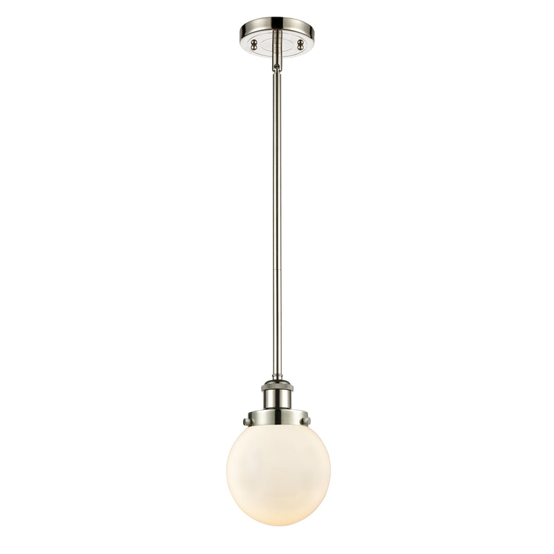 Beacon Mini Pendant shown in the Polished Nickel finish with a Matte White shade