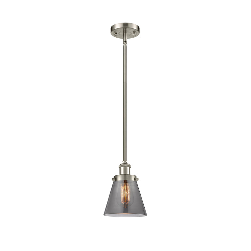 Cone Mini Pendant shown in the Brushed Satin Nickel finish with a Plated Smoke shade