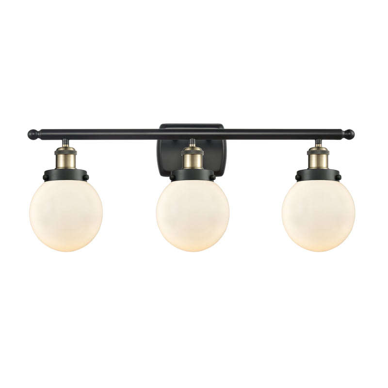 Beacon Bath Vanity Light shown in the Black Antique Brass finish with a Matte White shade