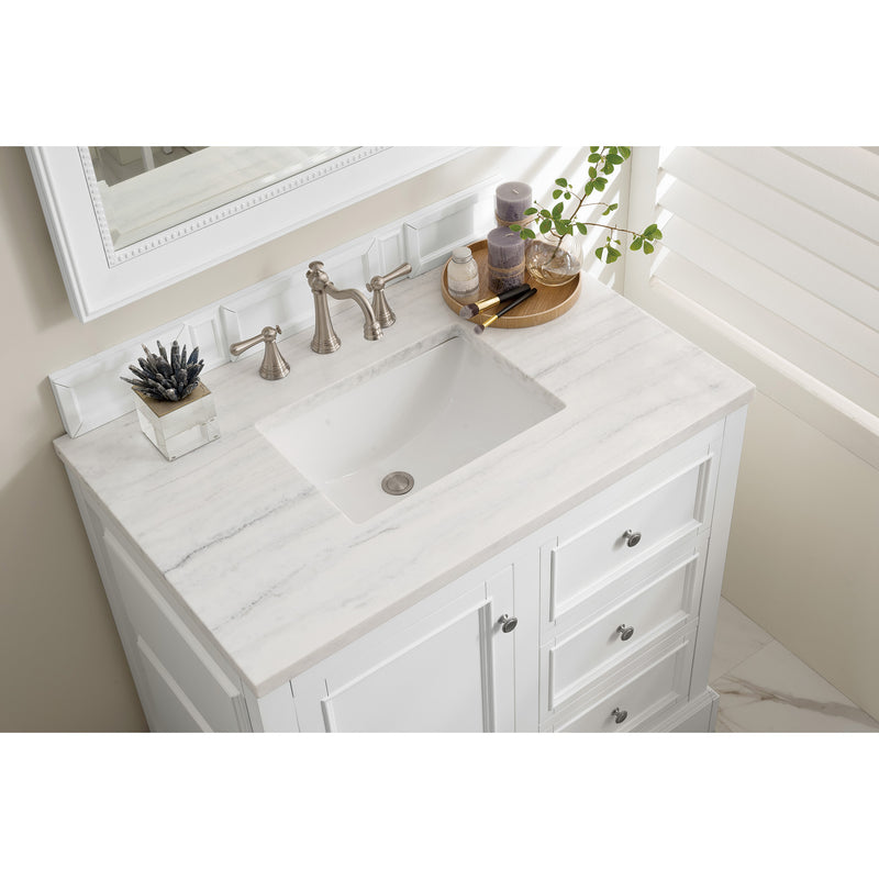 James Martin De Soto 36" Single Vanity Bright White with 3 cm Arctic Fall Solid Surface Top 825-V36-BW-3AF