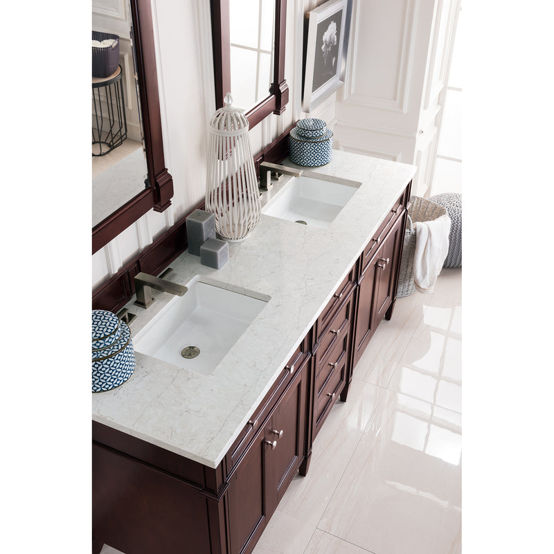 James Martin Brittany 72" Burnished Mahogany Double Vanity with 3 cm Eternal Jasmine Pearl Quartz Top 650-V72-BNM-3EJP