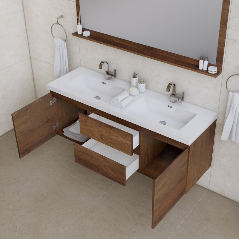 Alya Bath Paterno 60" Double Modern Wall Mounted Bathroom Vanity Rosewood AB-MOF60D-RW