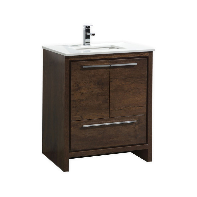 KubeBath Dolce 30" Rose Wood Modern Bathroom Vanity with White Quartz Counter-Top AD630RW