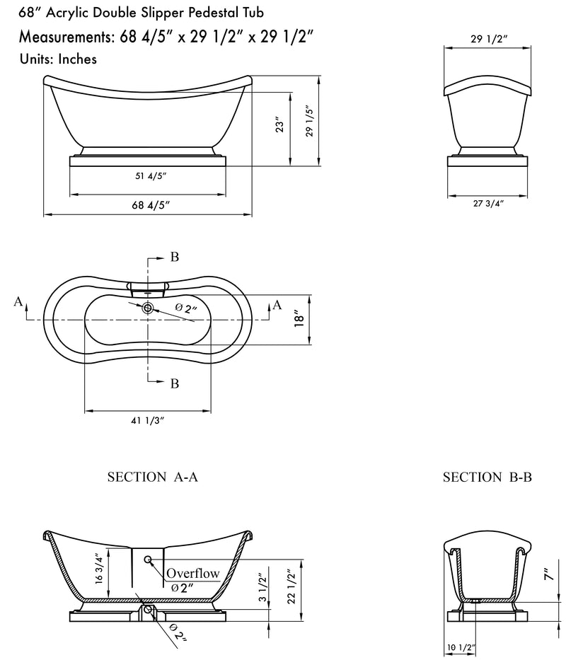 Cambridge Plumbing Acrylic Double Ended Pedestal Slipper Tub 68" x 28" No Drill BN Package