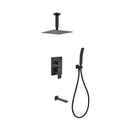 KubeBath Aqua Piazza Matte Black Shower Set with 8" Ceiling Mount Square Rain Shower Handheld and Tub Filler BK-CR200HHTF3V