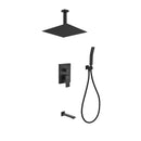 KubeBath Aqua Piazza Matte Black Shower Set with 12" Ceiling Mount Square Rain Shower Handheld and Tub Filler BK-CR300HHTF3V