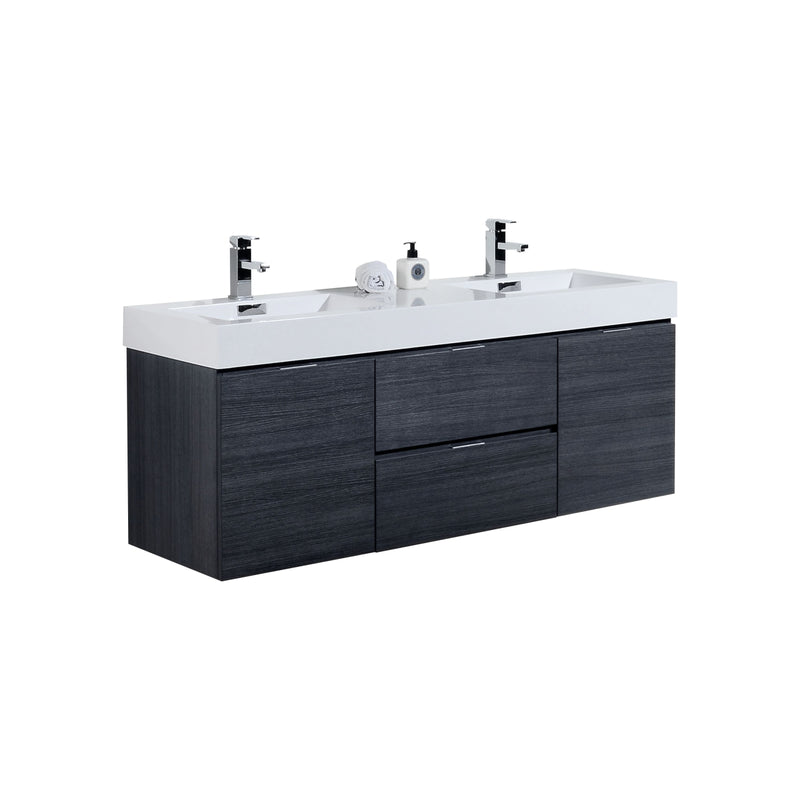 KubeBath Bliss 60" Double Sink Gray Oak Wall Mount Modern Bathroom Vanity BSL60D-GO