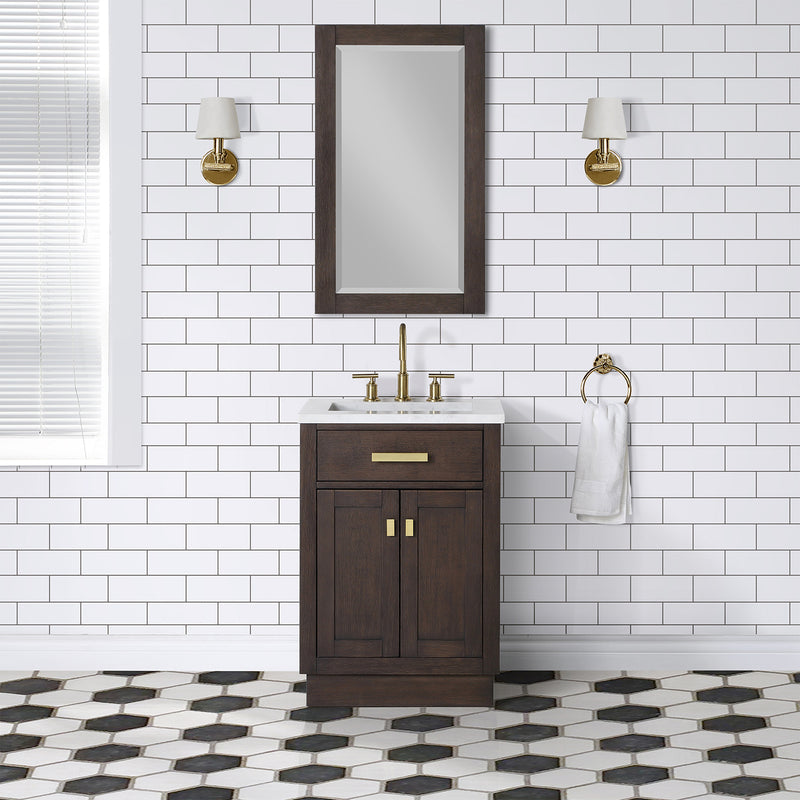 Water Creation Chestnut 24" Single Sink Carrara White Marble Countertop Vanity In Brown Oak with Grooseneck Faucet and Mirror CH24CW06BK-R21BL1406