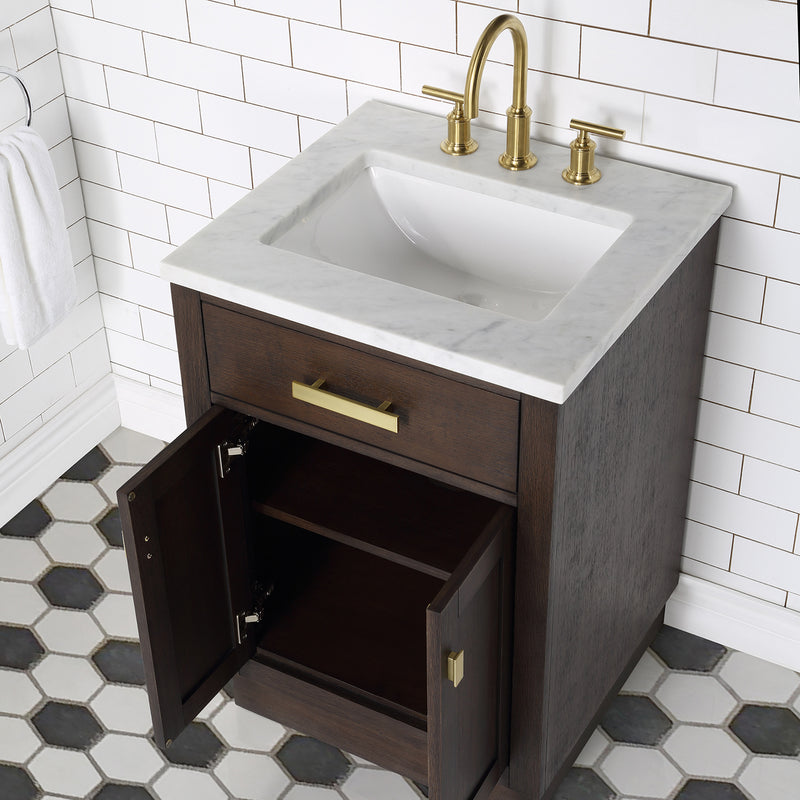 Water Creation Chestnut 24" Single Sink Carrara White Marble Countertop Vanity In Brown Oak with Grooseneck Faucet CH24CW06BK-000BL1406