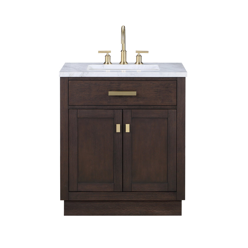 Water Creation Chestnut 30" Single Sink Carrara White Marble Countertop Vanity In Brown Oak with Grooseneck Faucet CH30CW06BK-000BL1406