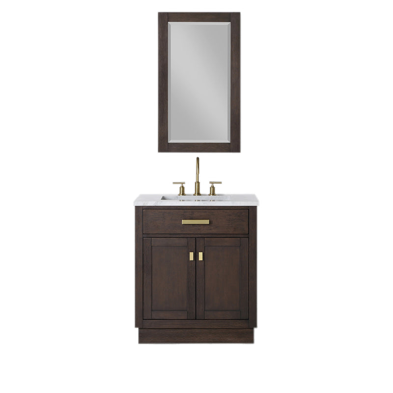 Water Creation Chestnut 30" Single Sink Carrara White Marble Countertop Vanity In Brown Oak with Mirror CH30CW06BK-R21000000