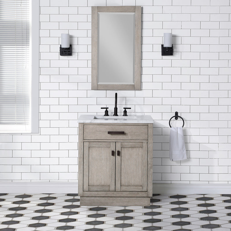 Water Creation Chestnut 30" Single Sink Carrara White Marble Countertop Vanity In Gray Oak with Mirror CH30CW03GK-R21000000