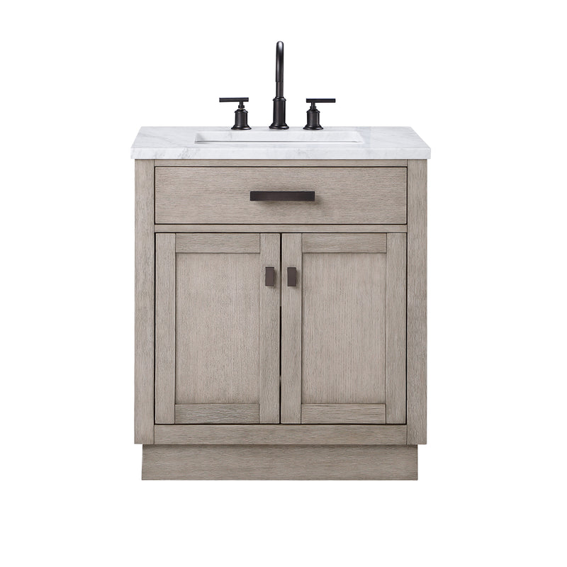 Water Creation Chestnut 30" Single Sink Carrara White Marble Countertop Vanity In Gray Oak with Grooseneck Faucet CH30CW03GK-000BL1403