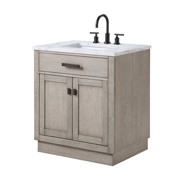 Water Creation Chestnut 30" Single Sink Carrara White Marble Countertop Vanity In Gray Oak with Grooseneck Faucet CH30CW03GK-000BL1403