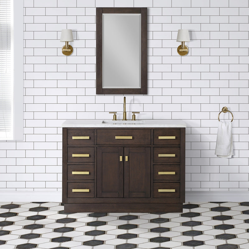 Water Creation Chestnut 48" Single Sink Carrara White Marble Countertop Vanity In Brown Oak with Grooseneck Faucet CH48CW06BK-000BL1406