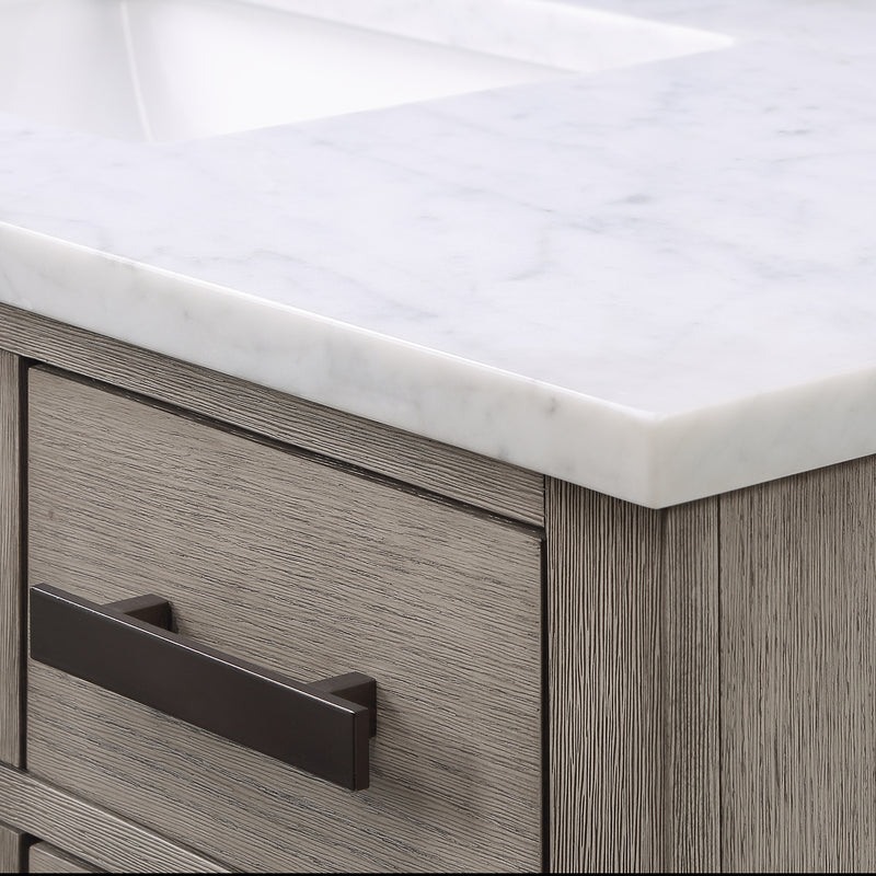 Water Creation Chestnut 48" Single Sink Carrara White Marble Countertop Vanity In Gray Oak with Grooseneck Faucet and Mirror CH48CW03GK-R21BL1403