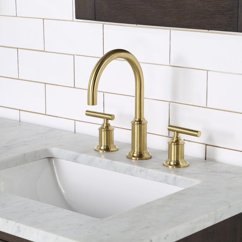 Water Creation Chestnut 60" Double Sink Carrara White Marble Countertop Vanity In Brown Oak with Grooseneck Faucets CH60CW06BK-000BL1406