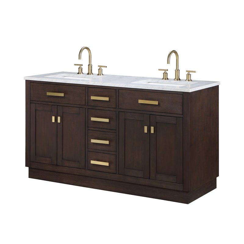 Water Creation Chestnut 60" Double Sink Carrara White Marble Countertop Vanity In Brown Oak with Grooseneck Faucets CH60CW06BK-000BL1406